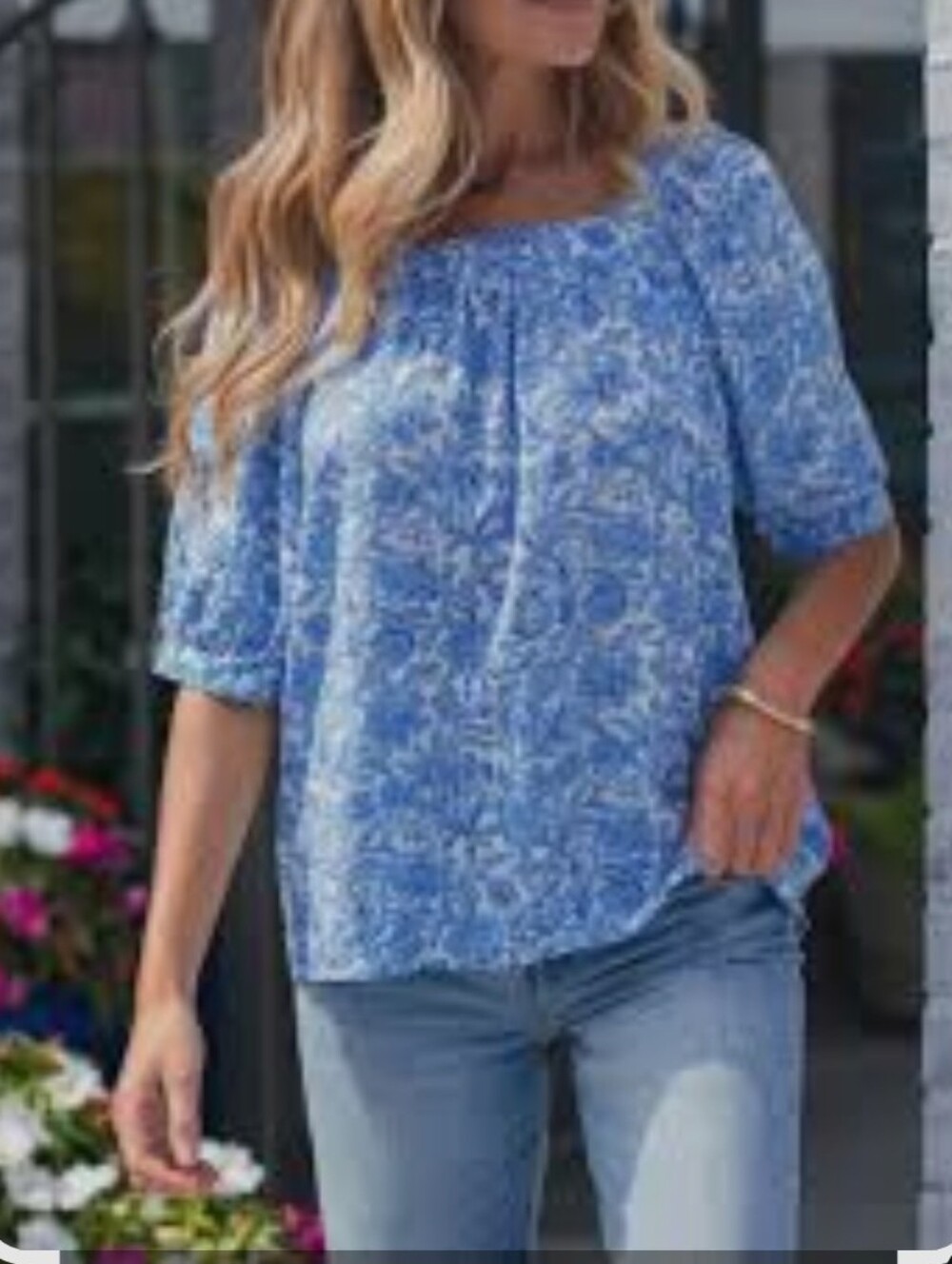 NWT LOFT Blue White Baby Doll Floral Eyelet Puff-Sleeve Top SZ LP